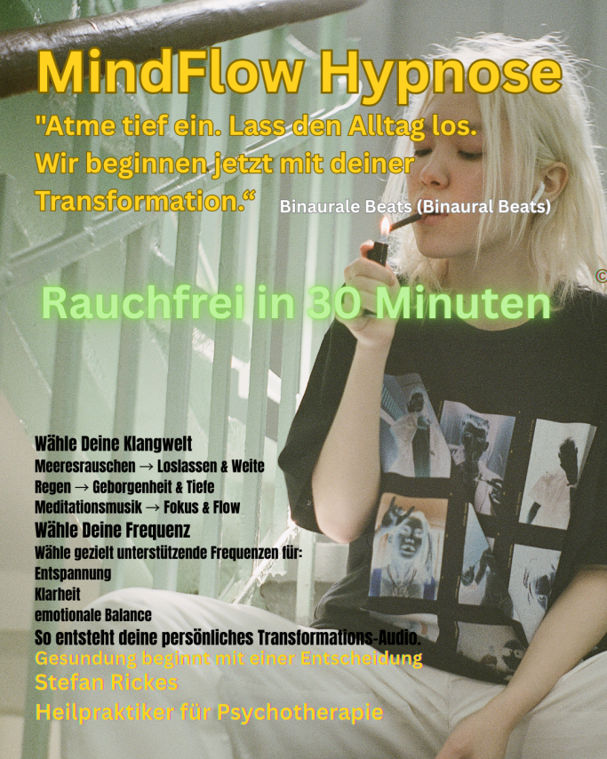 Rauchfrei in 30 Minuten
Löse dich nachhaltig vom Rauchen – sanft, effektiv und tief im Unterbewusstsein verankert.